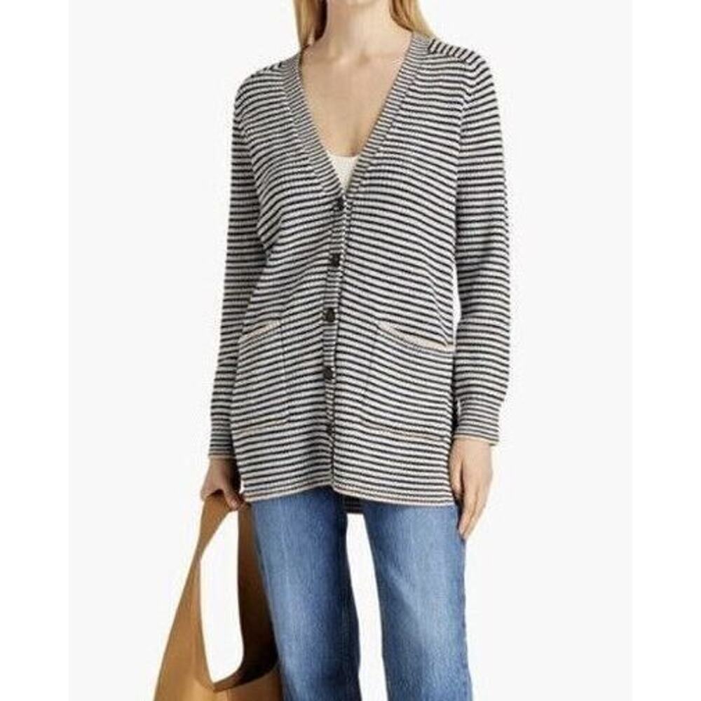 A8 Auth A.L.C. Blue Black Tan Cotton Blend Stripe Knit Long Cardigan Size L $425